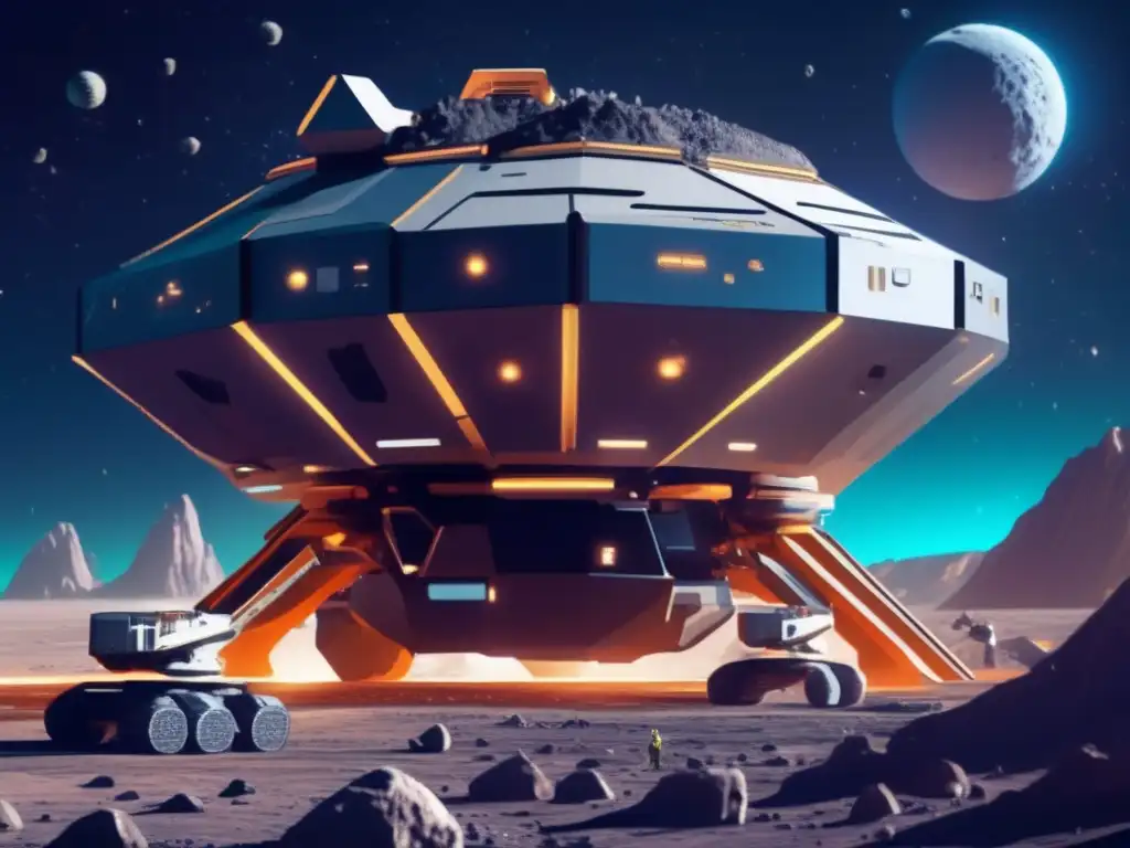 Futuro de minería espacial en asteroide Descubrimiento de asteroides en el universo: Operación minera espacial en un asteroide con avanzada tecnología