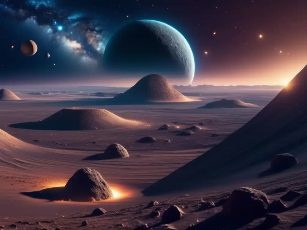 Descubrimiento asteroides terrestre: Impresionante imagen 8k de un paisaje cósmico, con un asteroide gigantesco e iluminado por estrellas distantes