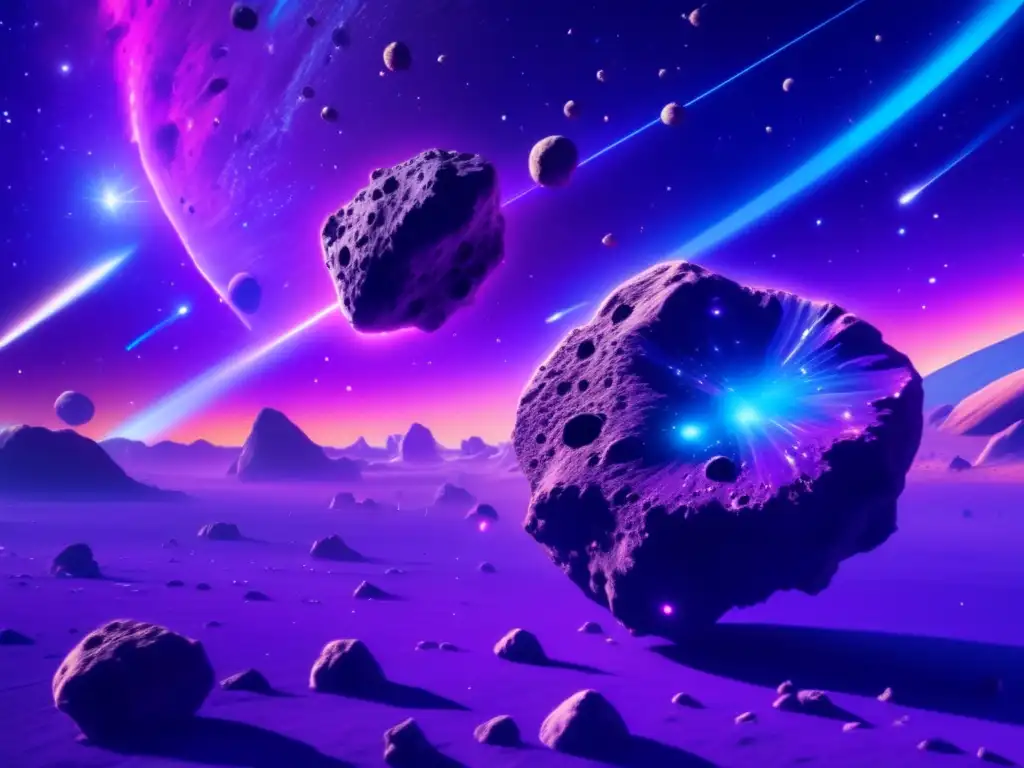 Fascinante campo de asteroides en el espacio Descubrimiento de asteroides en el universo: asombrosa imagen 8k de un campo de asteroides en el espacio, con nebulosa de tonos morados y azules