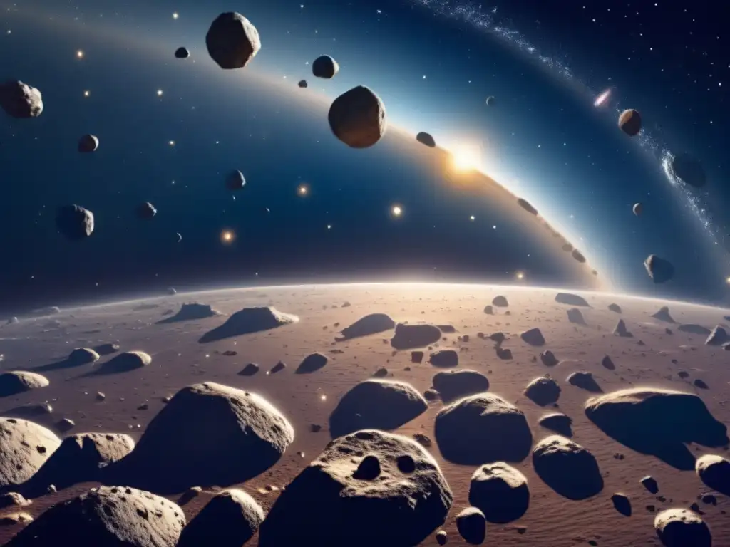 Cinturón de asteroides: belleza y exploración Descubrimiento de asteroides en el universo: un impresionante cinturón de asteroides en el espacio, lleno de diferentes tamaños y formas, bañado por la luz de las estrellas distantes