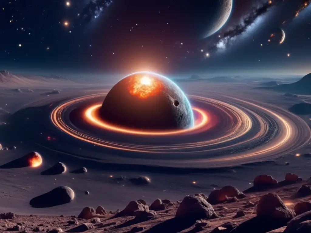 Paisaje cósmico: galaxias, estrellas y asteroide Descubrimiento de asteroides en el universo: paisaje cósmico oscuro y vasto con galaxias giratorias, estrellas brillantes y un asteroide masivo