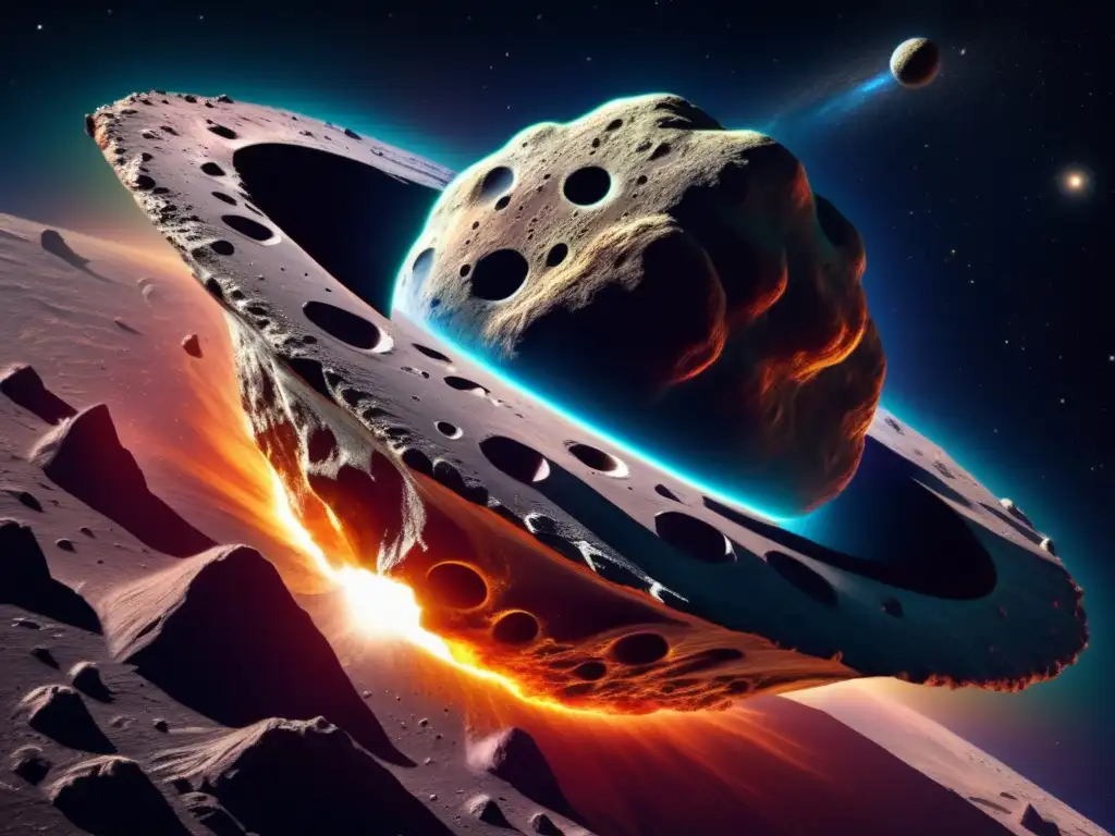 Masivo asteroide acercándose a la Tierra con detalles impresionantes Descubrimiento de vida extraterrestre: asteroida masivo con detalles impresionantes, cráteres profundos y bordes irregulares