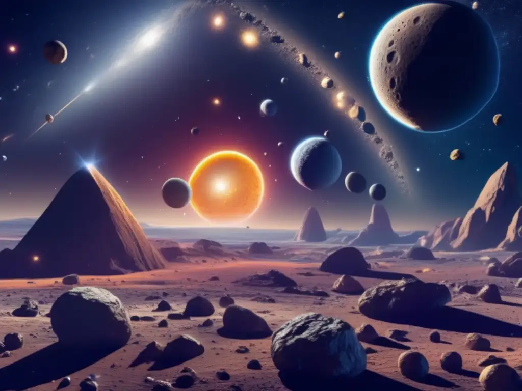 Asteroides y lunas en el espacio Descubrimiento de lunas de asteroides en un fascinante paisaje espacial con asteroides y pequeñas lunas orbitándolos