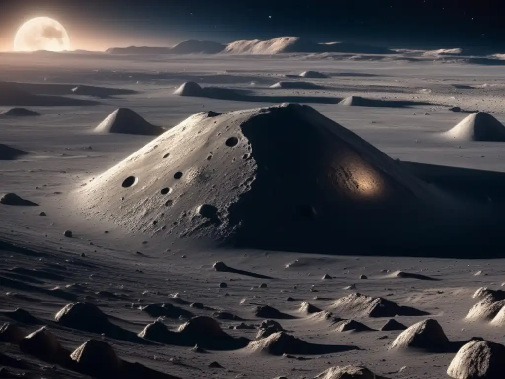 Paisaje lunar en asteroide: belleza y misterio Descubrimiento de lunas de asteroides: paisaje lunar en un asteroide, belleza cautivadora, formaciones rocosas, cráteres, misterios ocultos