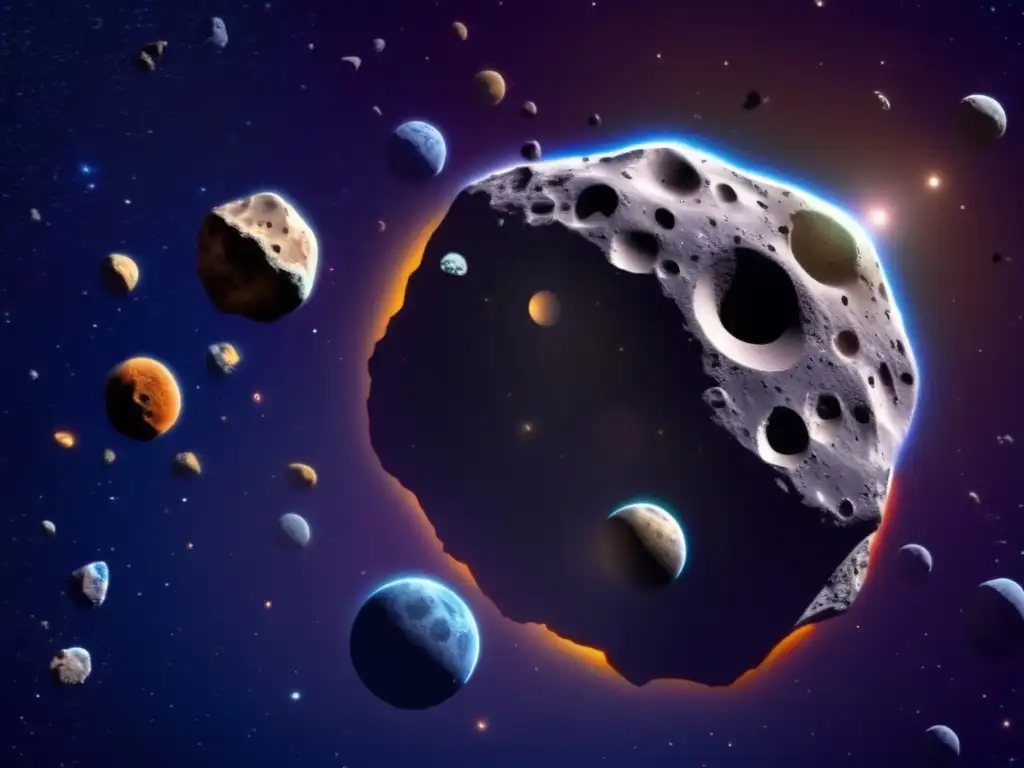 Ballet cósmico: asteroides y sus lunas Descubrimiento de lunas de asteroides: Vibrante escena espacial con asteroides y sus lunas orbitando, revelando la belleza y complejidad del universo