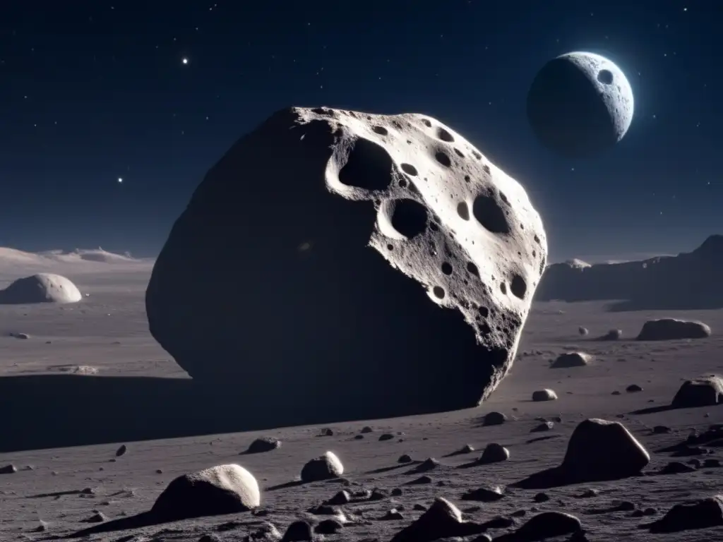 Asteroide irregular con luna oculta Descubrimiento de lunas ocultas en asteroides: detalle impresionante de un asteroide irregular con cráteres y una luna en órbita