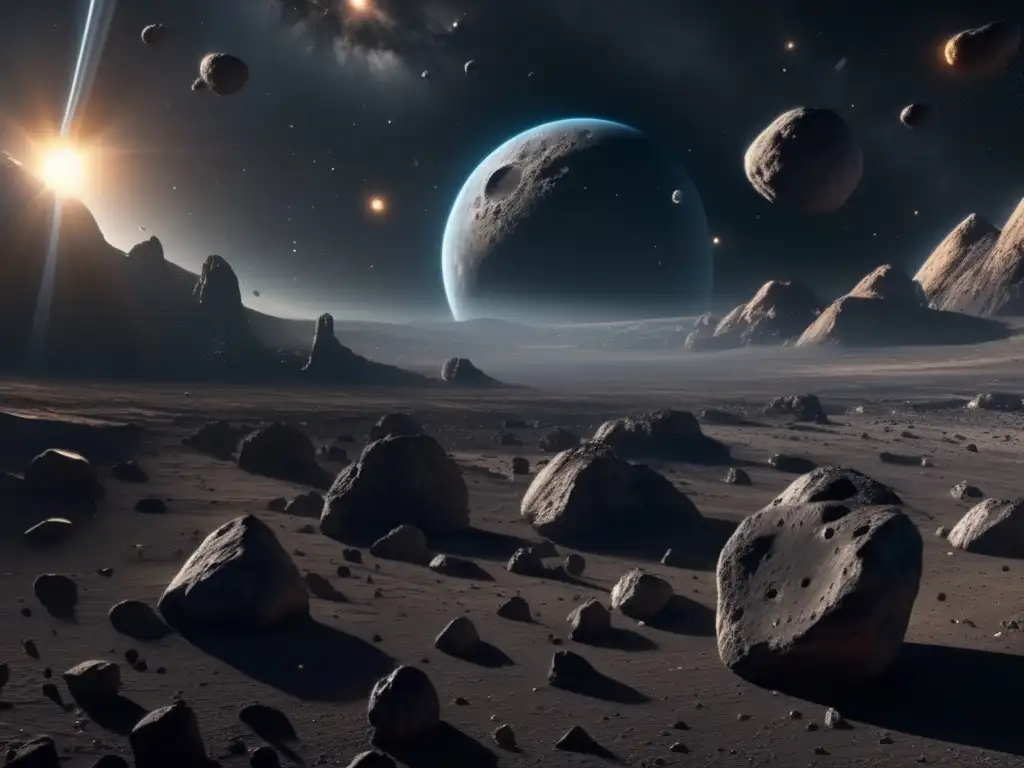 Fascinante campo de asteroides en 8k Descubrimiento de lunas ocultas en asteroides: una imagen impresionante en 8k muestra el fascinante mundo de los asteroides, con un campo vasto de asteroides de diferentes tamaños y formas flotando en el espacio, adornados con cráteres y terrenos irregulares