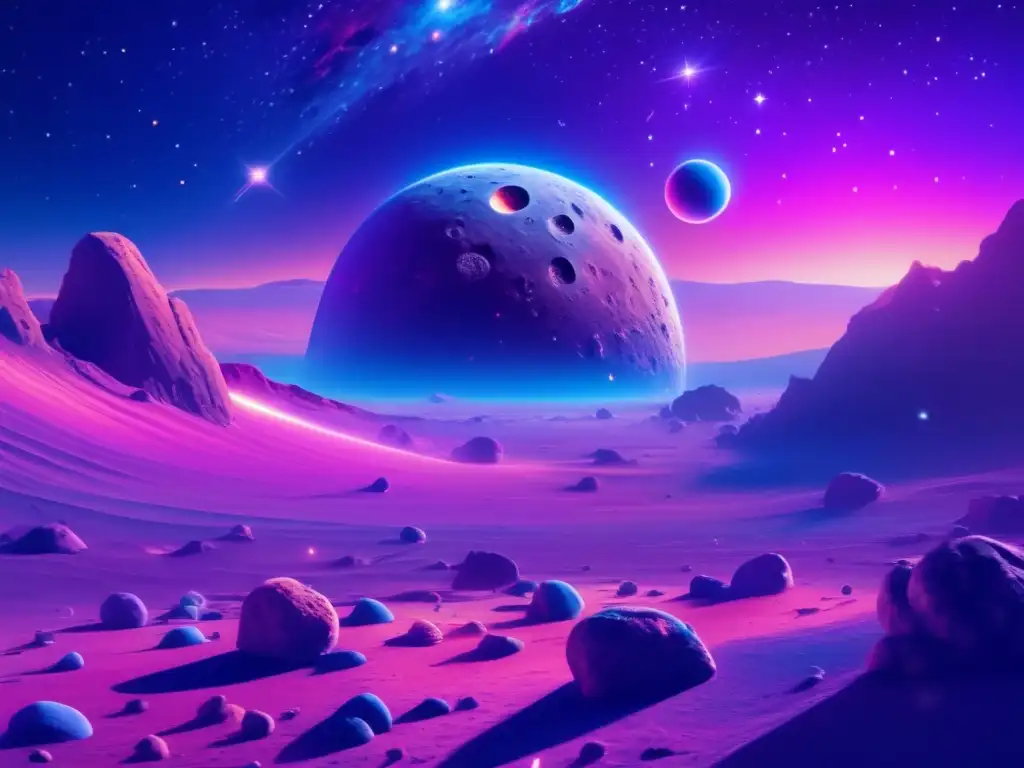 Paisaje cósmico lleno de cuerpos celestes Descubrimiento de vida extraterrestre en asteroides: paisaje cósmico 8k ultradetallado con asteroide S y estrellas brillantes en una nebulosa