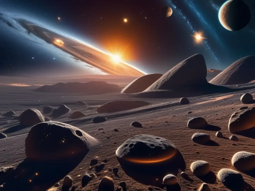 Espectacular imagen de asteroides en el espacio Descubrimientos sobre asteroides y universo: imagen impactante del cosmos estrellado con cinturón de asteroides y nave espacial