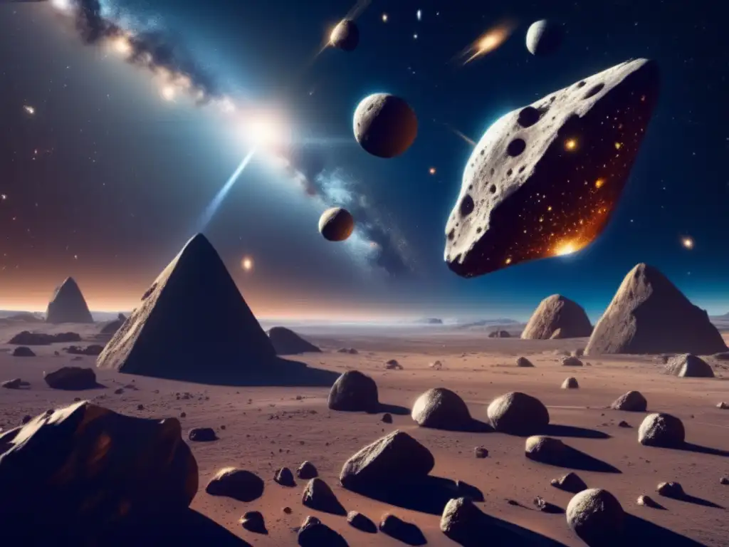 Asombrosos asteroides metálicos flotando en el espacio Descubrimientos sobre asteroides y universo: imagen impresionante de asteroides metálicos flotando en el espacio, reflejando estrellas distantes