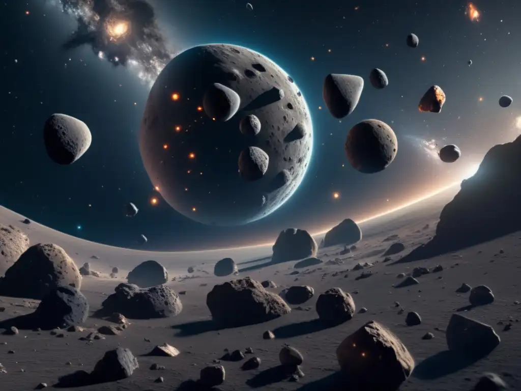 Exploración de asteroides en el espacio Descubrimientos astronómicos sobre asteroides en 1991: Imagen 8K detallada del espacio, con asteroide y nave espacial futurista
