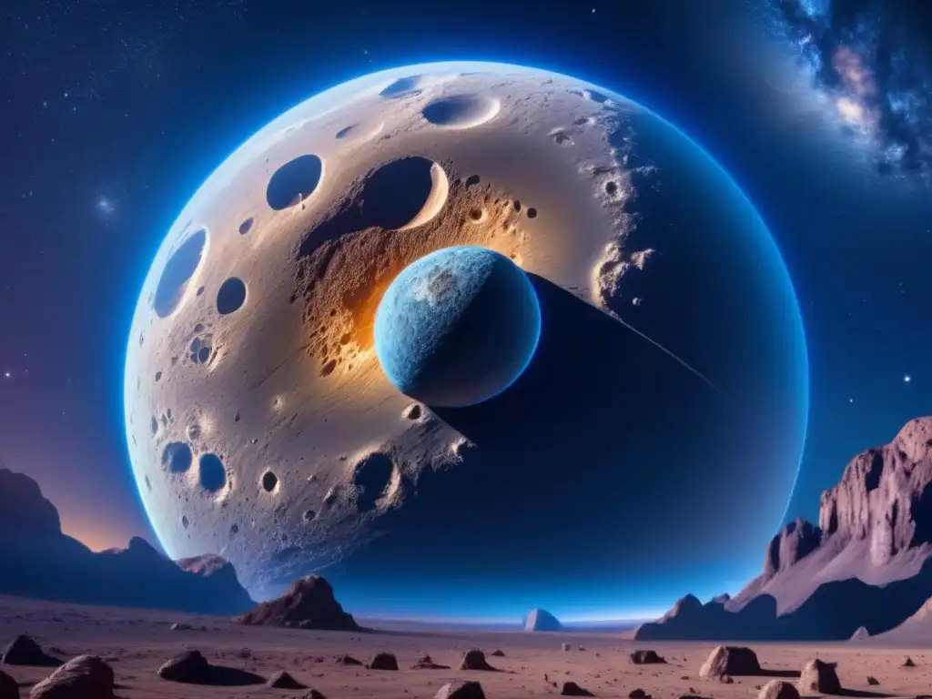 Impresionante asteroide cerca de la Tierra Descubrimientos astronómicos sobre asteroides: Imagen 8k detallada muestra un cielo estrellado con un asteroide masivo cerca de la Tierra