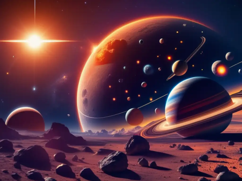 Vista fascinante del sistema solar y asteroides Descubrimientos astronómicos sobre asteroides en el sistema solar
