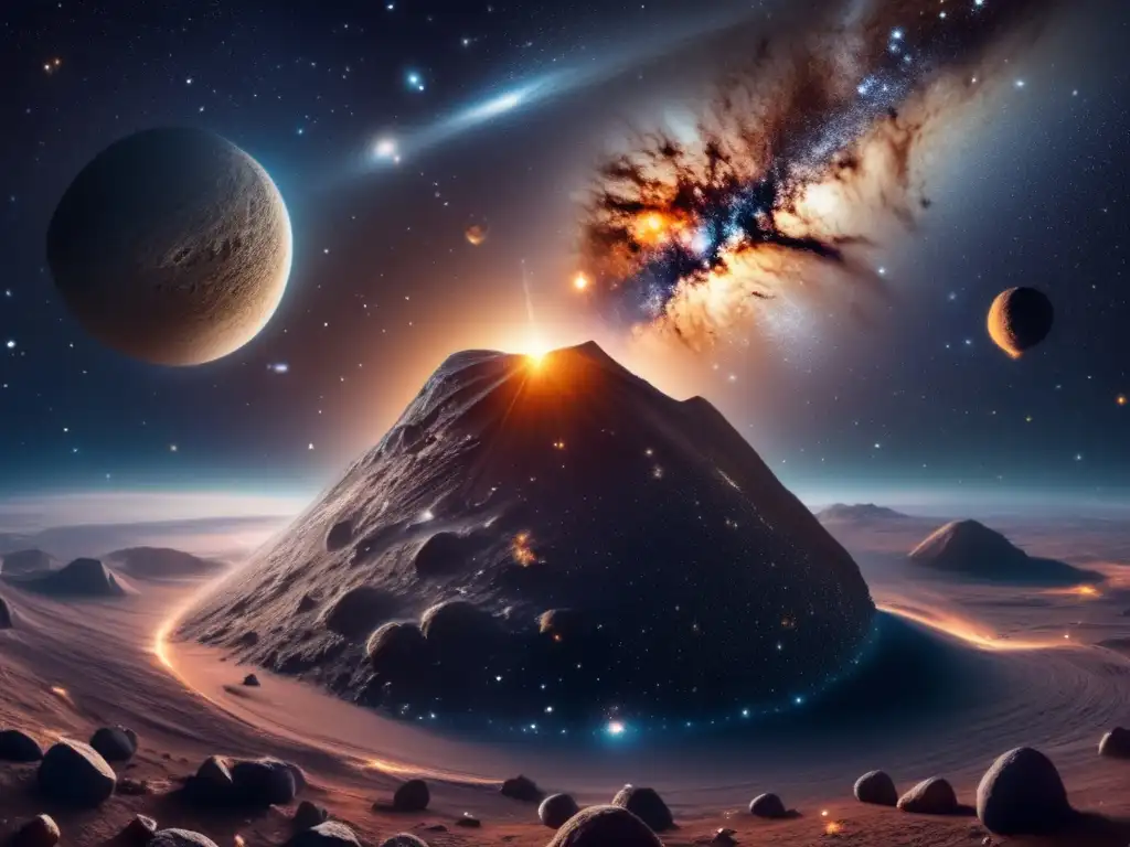 Panorama estelar: asteroide y cosmos Descubrimientos astronómicos: panorama 8k nocturno con asteroides y galaxias, revelando textura y composición únicas