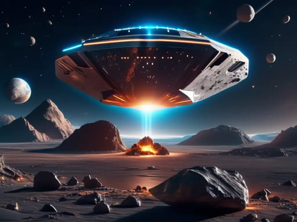 Exploración de NEOs: Nave espacial futurista y asteroide Descubrimientos y exploración de NEOs: nave espacial futurista sobre asteroide en el espacio