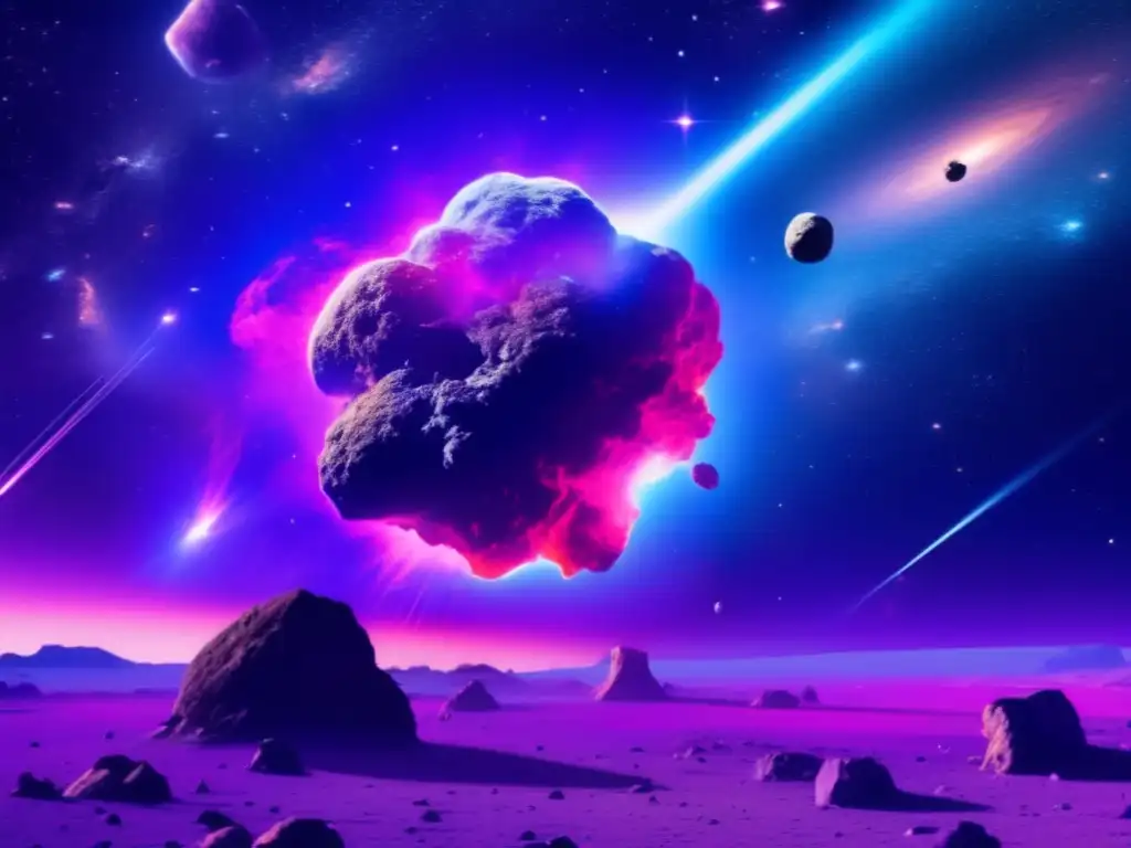 Nebulosa y asteroides en el espacio Descubrimientos y exploración de NEOs: Vista impresionante del espacio exterior con nebulosa vibrante, asteroides y telescopio avanzado