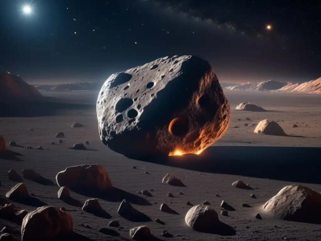 Descubrimientos de misiones espaciales: asombrosa imagen 8k ultradetallada de un asteroide en el espacio, con textura rocosa, cráteres y luz solar