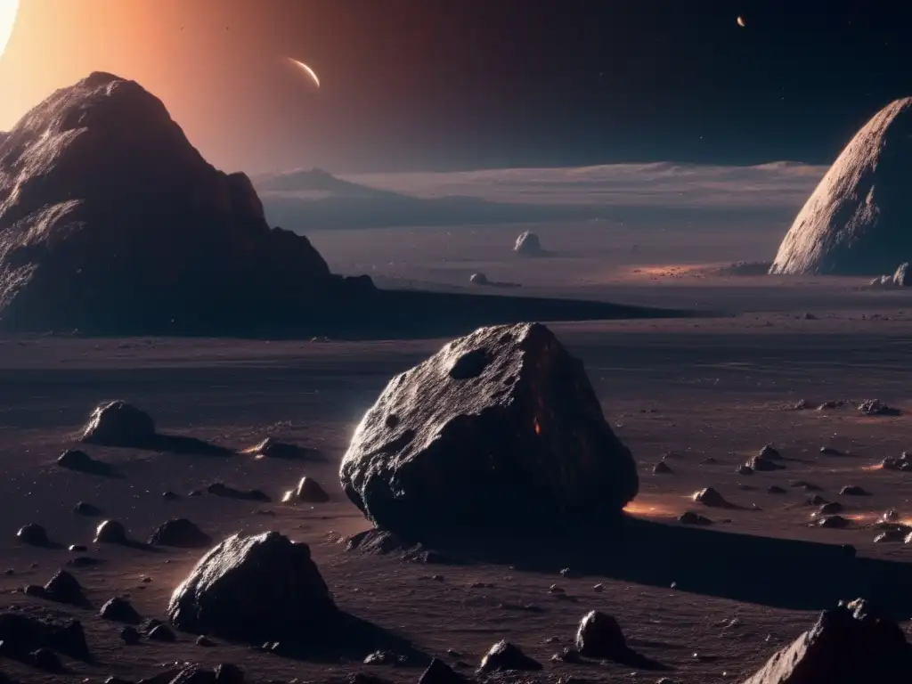 Descubrimientos en misiones espaciales: imagen increíble de un asteroide en 8k, muestra su superficie detallada y única, con rocas, cráteres y la nave espacial en primer plano