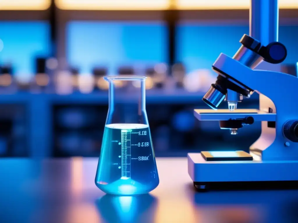Laboratorio con beaker de vidrio y aminoácidos Descubrimientos recientes sobre aminoácidos en asteroides