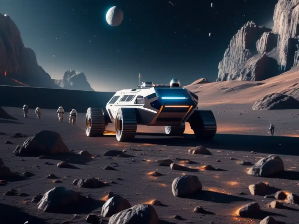Equipo de astronautas explorando asteroide Descubrimientos recientes asteroides: Equipo de astronautas explorando un asteroide en un paisaje rocoso y futurista