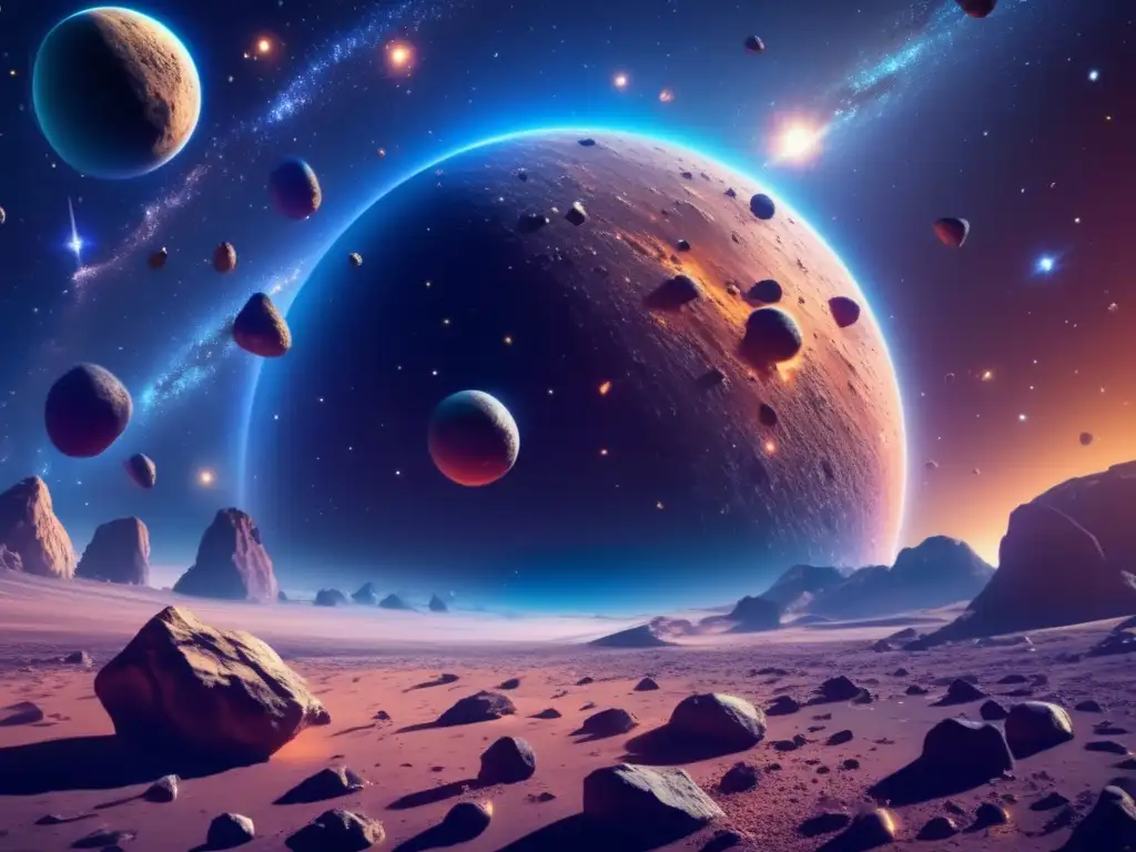 Hermosa imagen en 8k muestra el espacio exterior con asteroides dispersos Descubrimientos recientes asteroides en el espacio