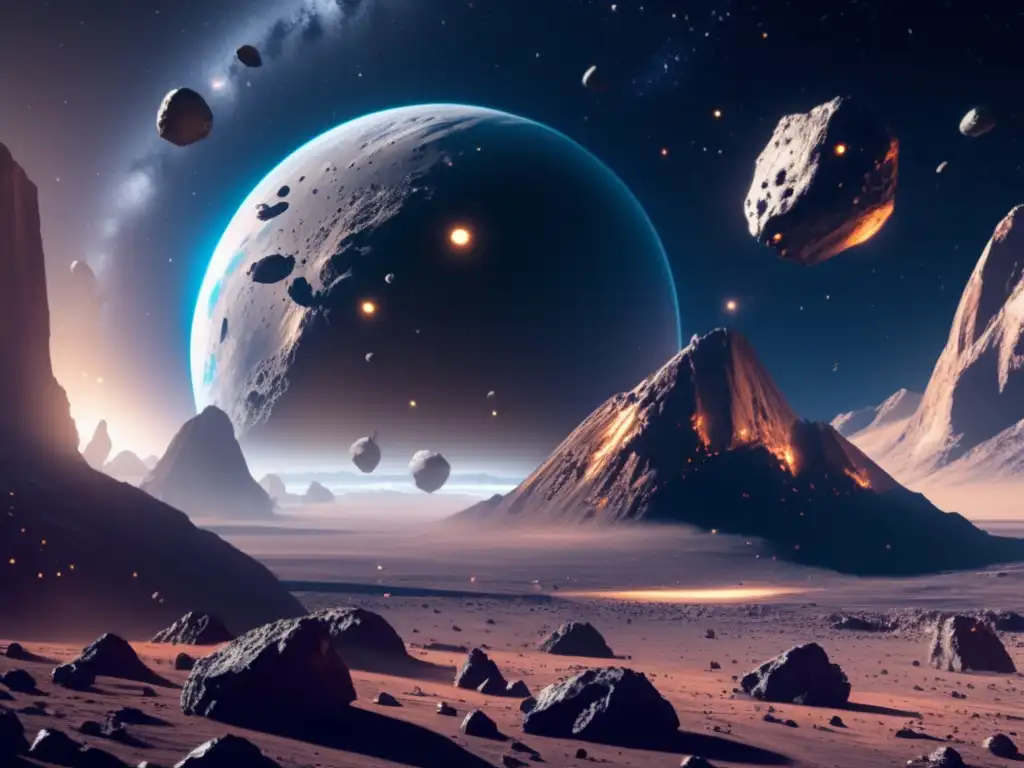Futuro de la minería espacial Descubrimientos recientes sobre asteroides: Operación minera futurista en el espacio con naves espaciales avanzadas y coloridos paisajes estelares