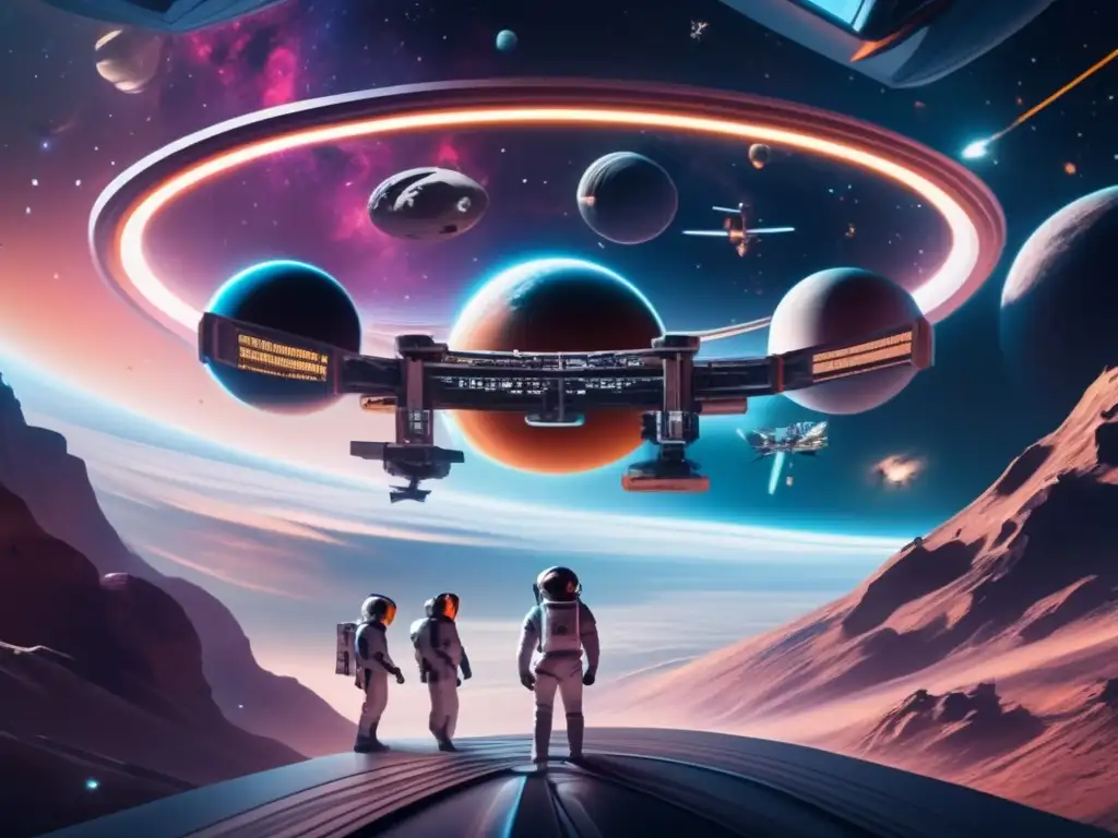 Estación espacial tecnológica con astronautas reciclando Desperdicios espaciales como recursos en una estación espacial tecnológica rodeada de nebulosas y galaxias, con astronautas reciclando
