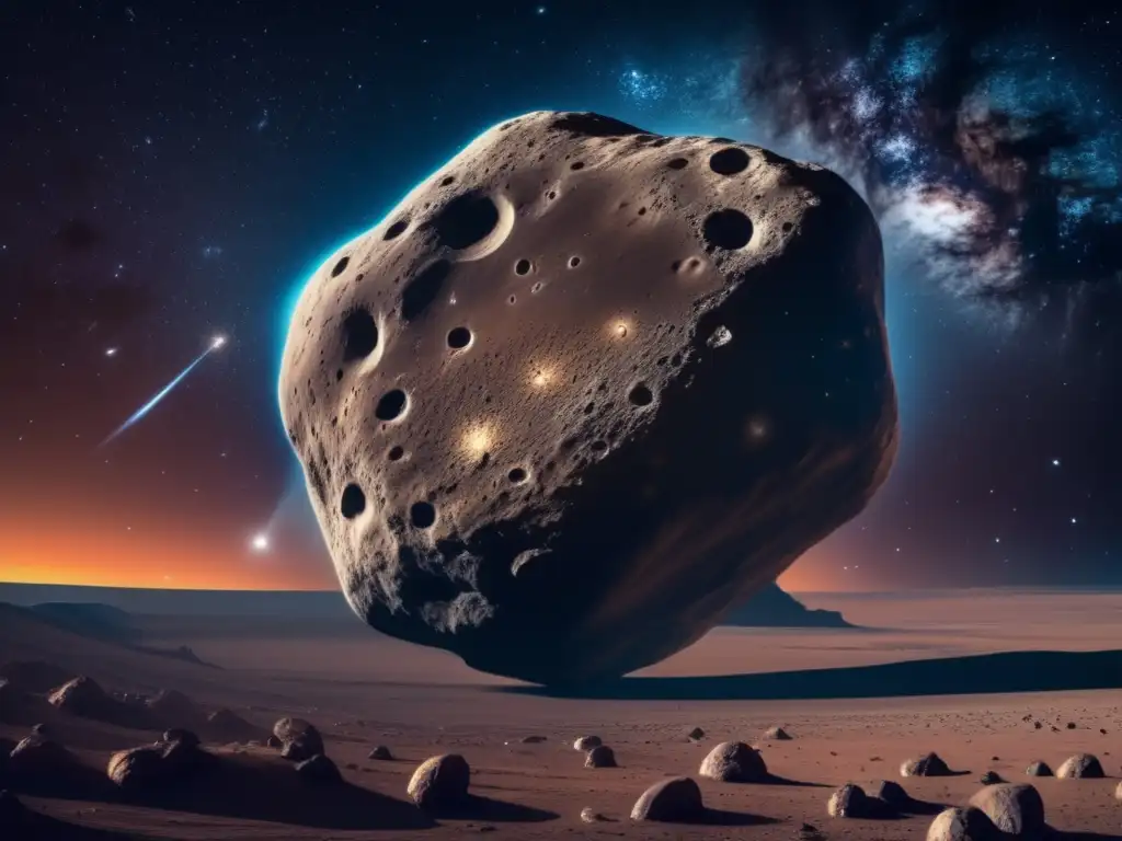 Amenazante belleza del asteroide en el espacio Desviación de asteroides hacia la Tierra: colosal asteroide, cráteres y nebulosa hipnotizante en el espacio
