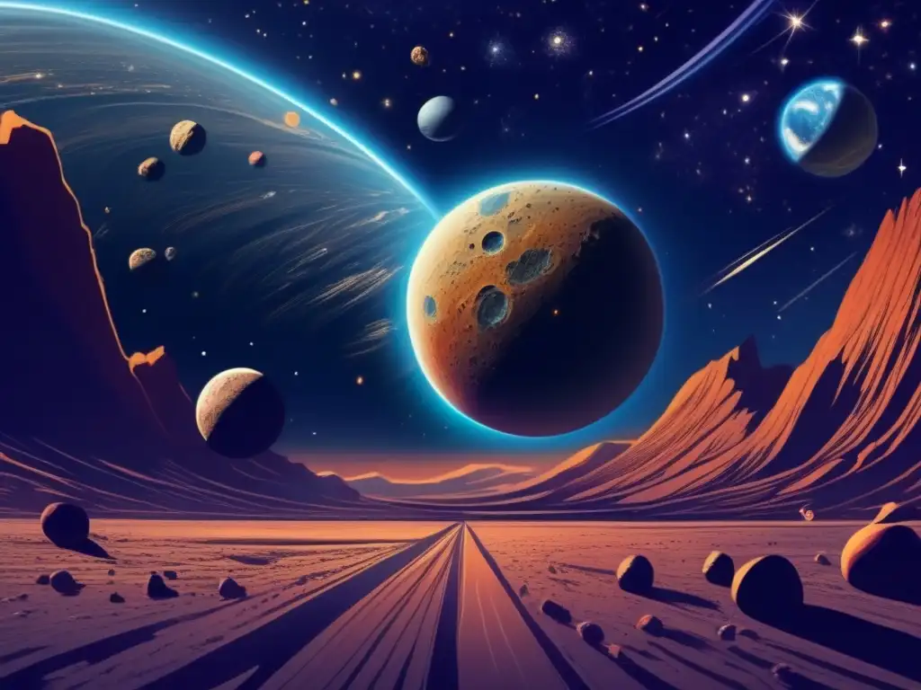 Asteroida amenaza: danza gravitatoria Desviación de asteroides hacia la Tierra: impresionante imagen del espacio con la Tierra y cuerpos celestes, destacando un asteroide desviado por fuerzas gravitacionales