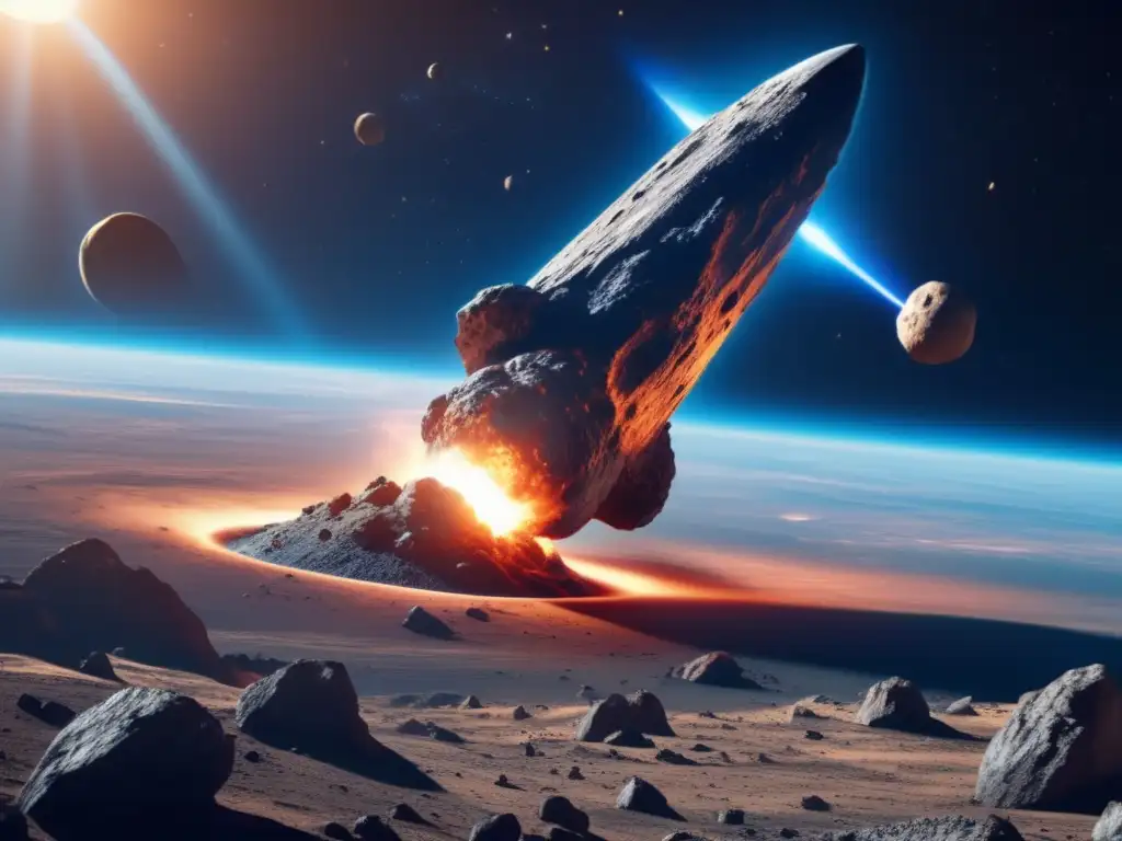 Asteroide amenazante y nave espacial futurista Desviación nuclear: asteroide en ruta hacia la Tierra