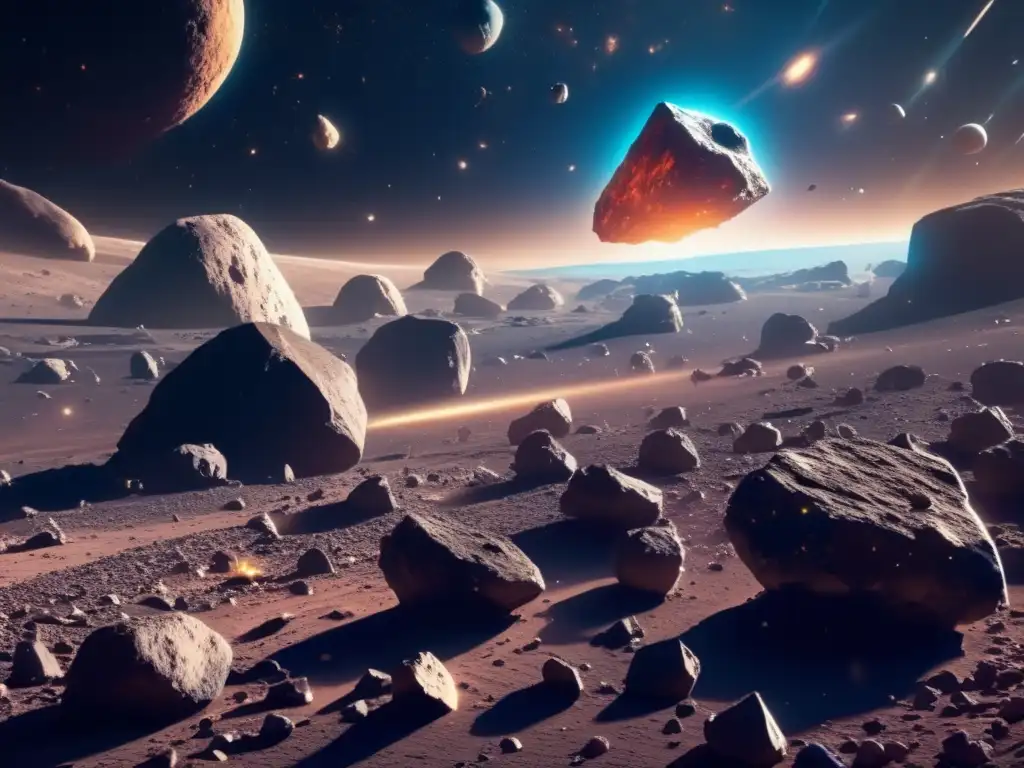 Exploración y minería de asteroides con tecnología avanzada Desviación nuclear asteroides errantes: asombrosa imagen 8K del espacio con asteroides flotando, nave espacial avanzada y tecnología vanguardista