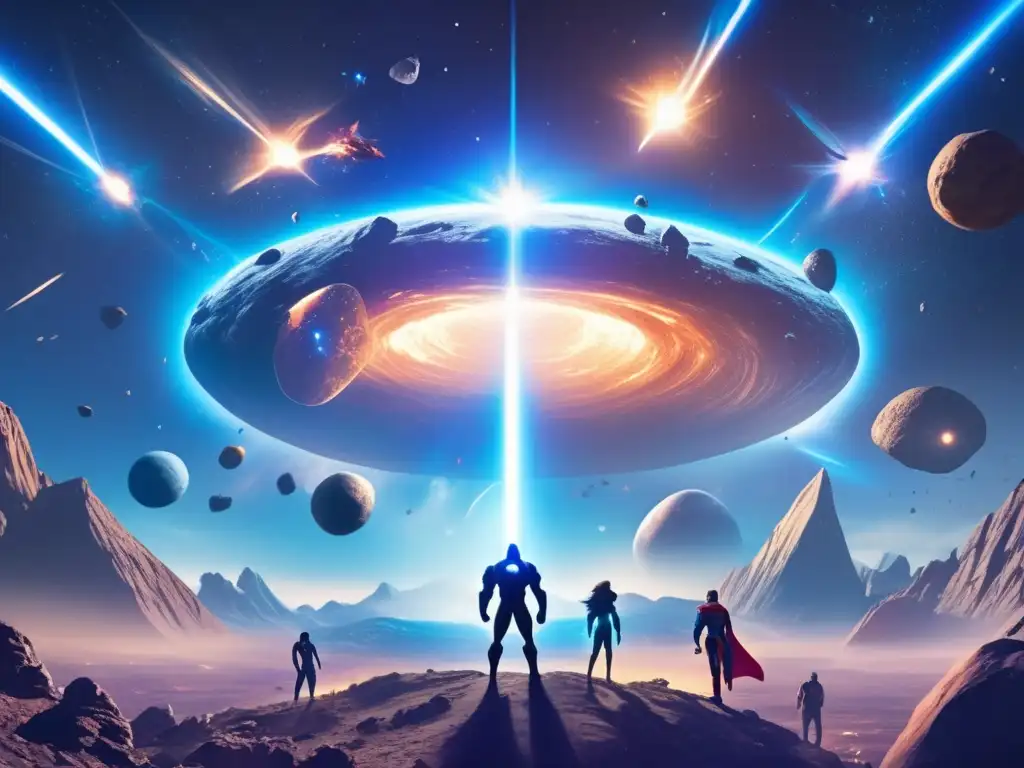 Superhéroes protegiendo la Tierra Desvío de asteroides como salvadores: escena espacial con superhéroes protegiendo la Tierra de impacto