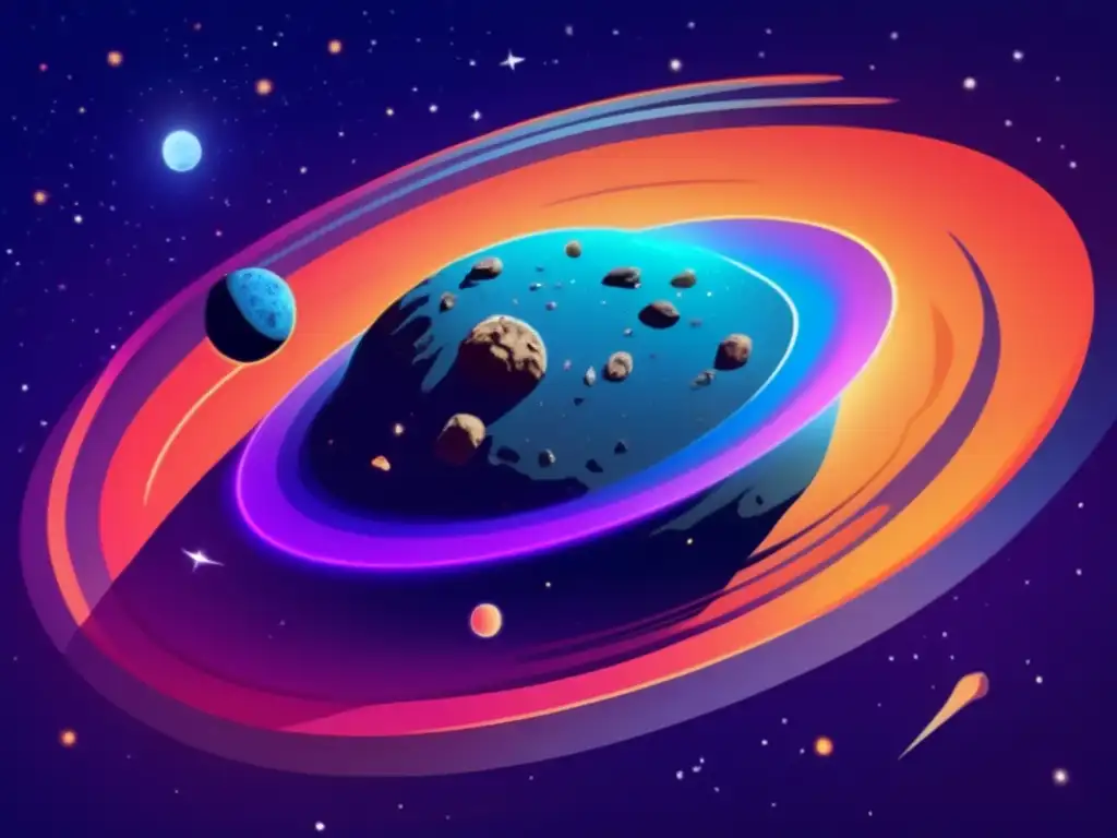 Ilustración detallada de asteroide Centauro1 con Efecto Yarkovsky en trayectoria: cráteres, halo luminoso y espacio estelar
