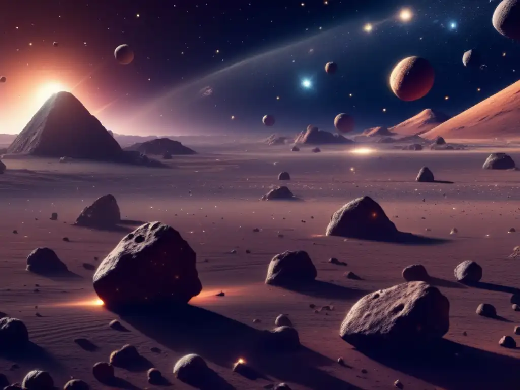 Explanación detallada de asteroides en el espacio Detallada imagen 8k de asteroides en el espacio, con diversidad de formas, texturas y exploración, evocando la exploración de asteroides
