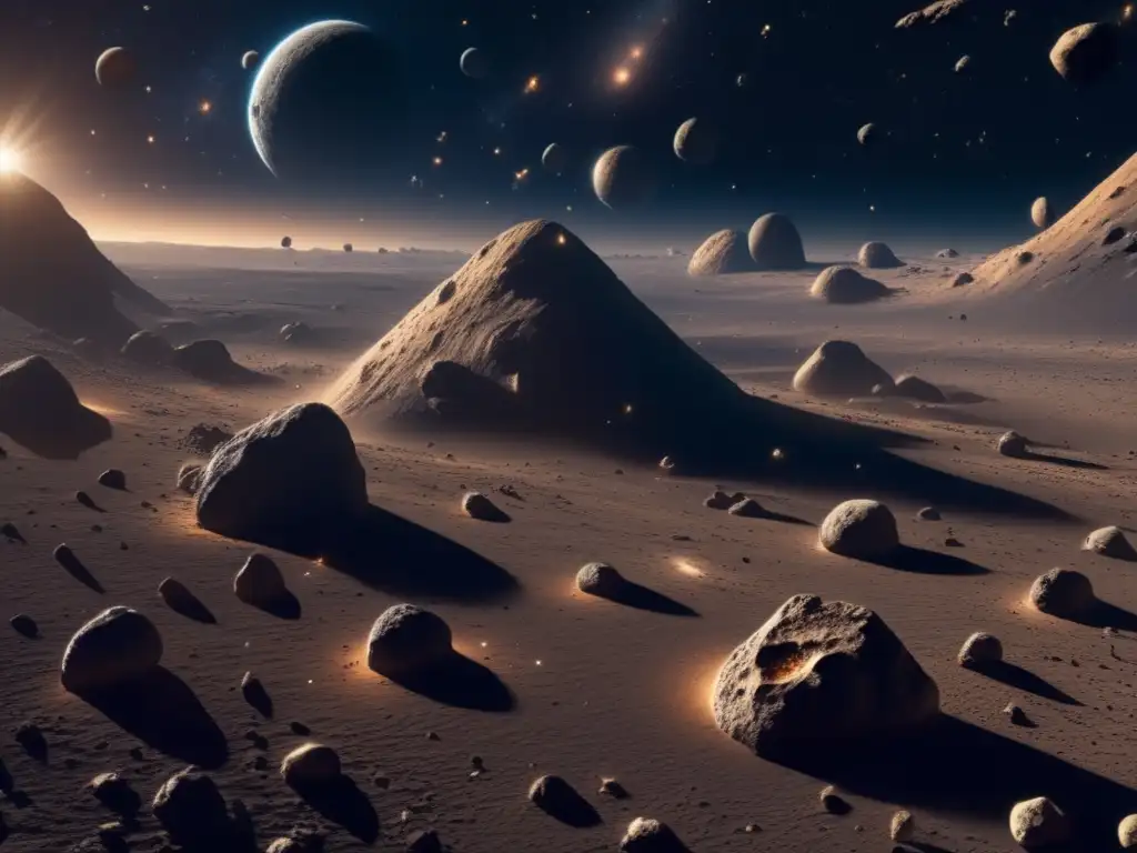 Detallada imagen 8k: Espacio exterior con asteroides de distintos tamaños y formas