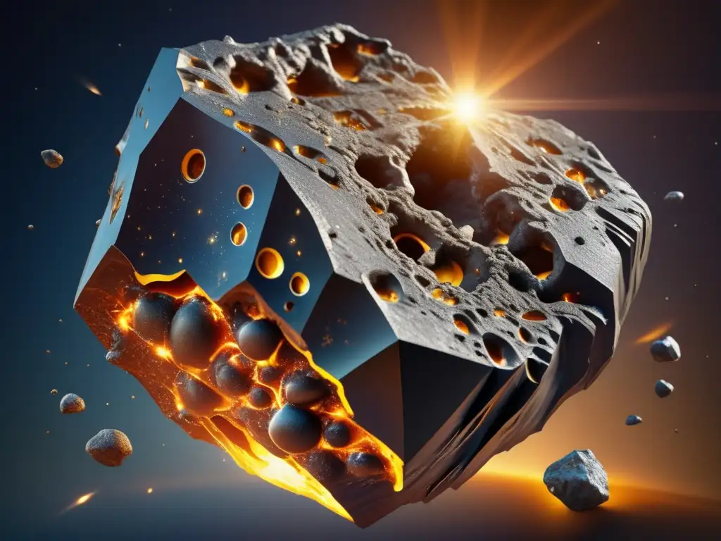 Detalle realista de meteorito suspendido, mostrando estructura interna Detalle de un meteorito suspendido en el aire, mostrando su estructura interna y diferencias con un meteoroide