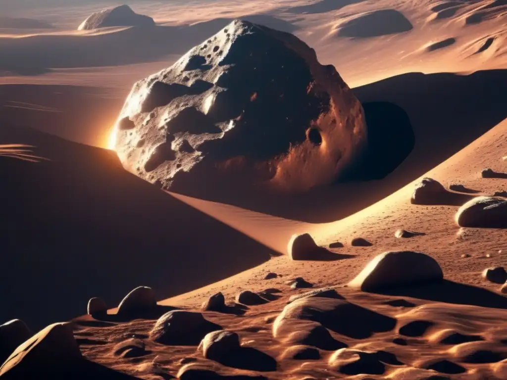 Detalles de un asteroide rocoso iluminado por el sol, revelando su forma irregular, textura y polvo espacial