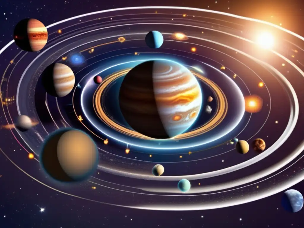 Sistema solar: planetas, órbitas y asteroides Detalles del sistema solar: el Sol rodeado de planetas en órbitas, interacciones gravitacionales, asteroides y desviación hacia la Tierra