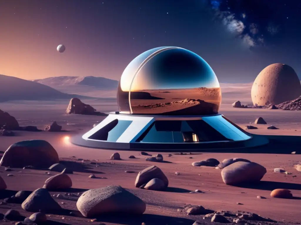 Detección temprana de asteroides en el espacio: Observatorio futurista y equipo científico en un planeta rocoso con un telescopio de vanguardia