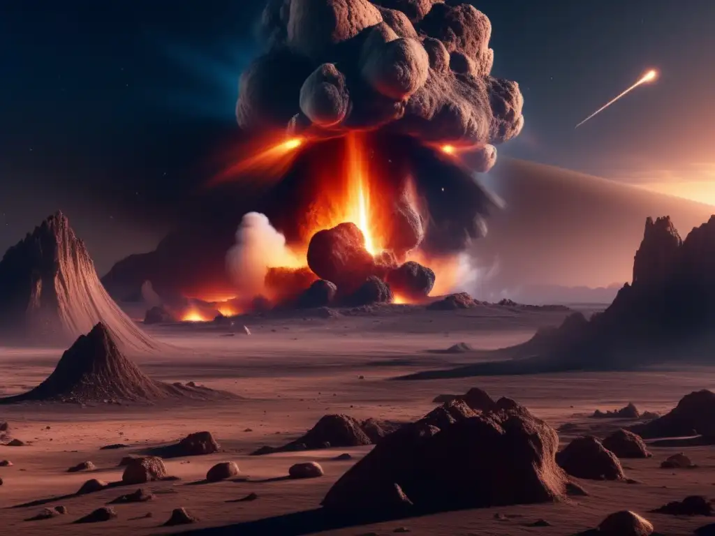 Desolación tras impacto de asteroide Devastación por asteroides irregulares en paisaje alienígena: vida extraterrestre