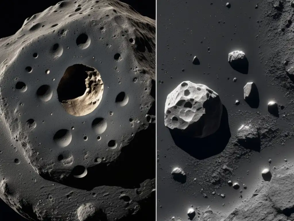 Detalles asteroides y meteoritos Diferencia entre asteroide y meteorito: Imágenes detalladas de asteroide y meteorito que resaltan sus características únicas