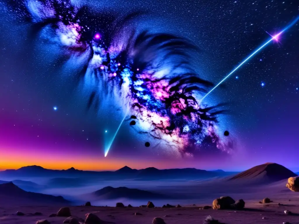 Maravillosa imagen del espacio con nebulosa y meteorito Diferencia entre meteoroides, meteoritos y asteroides: Imagen impresionante del espacio con una nebulosa colorida y un meteorito brillante