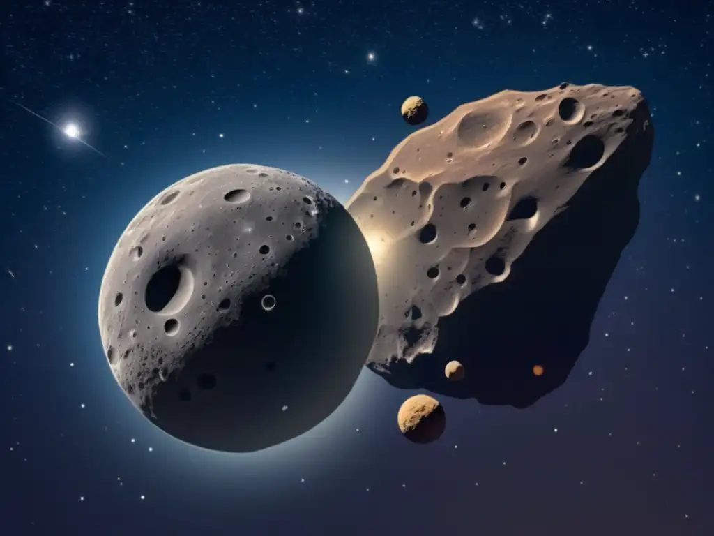 Asteroida y cometa flotando en el espacio Diferencias entre asteroides y cometas: imagen celestial de un asteroide rocoso y un cometa luminoso en el espacio