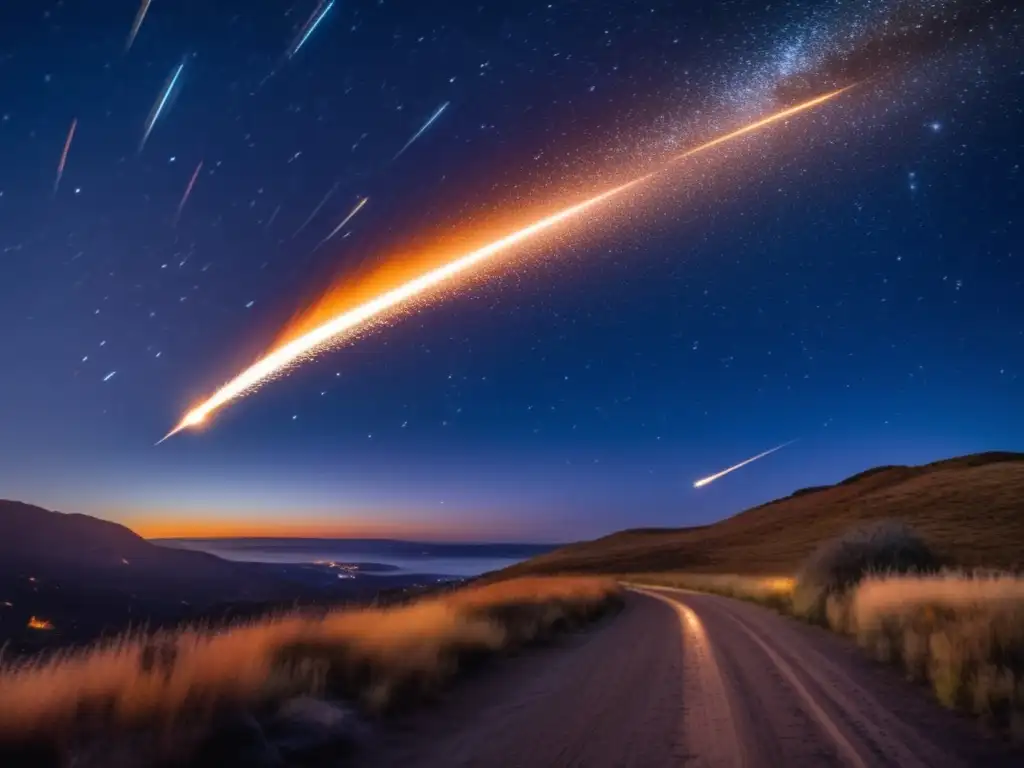Meteoro nocturno iluminado en el cielo estrellado Diferencias entre meteorito y meteoroide: cielo estrellado con un meteorito brillante