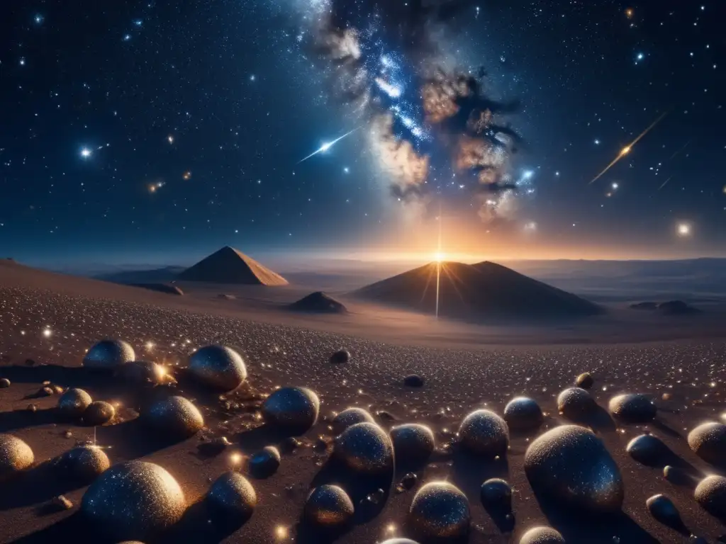 Galaxia con estrellas, meteoritos y asteroides Diferencias entre meteoroides, meteoritos y asteroides: una imagen 8k ultradetallada de la vastedad del espacio con galaxias y cuerpos celestes