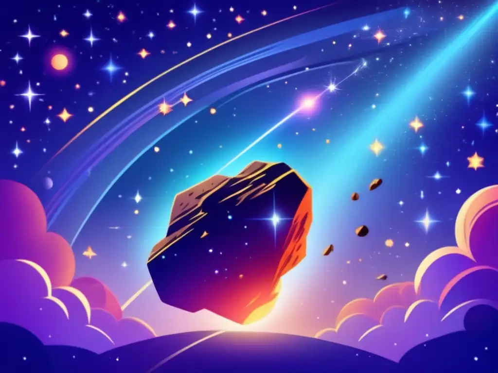 Misterio estelar y cambios astrológicos Ilustración digital moderna de un cielo nocturno lleno de estrellas vibrantes y asteroides, representando tránsitos de asteroides en astrología