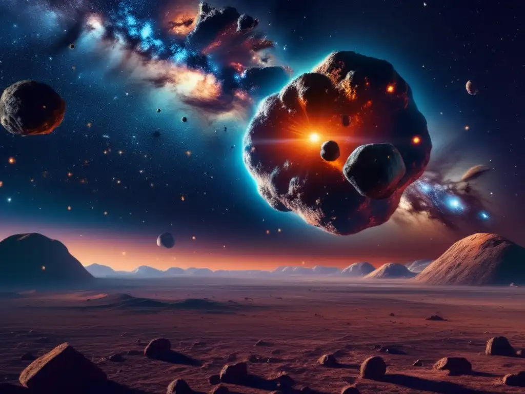Dimensiones de asteroides para explotación: Imagen impactante en 8k muestra asteroide masivo rodeado de nebulosas y estrellas distantes