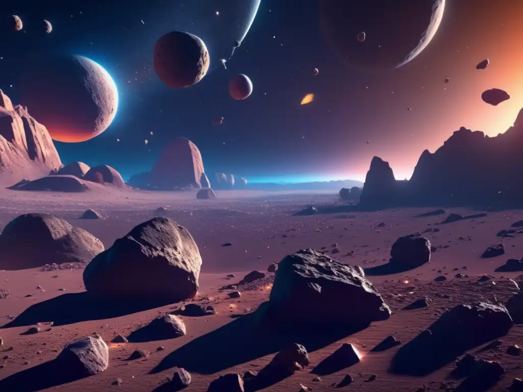Simulación impactante de campo de asteroides Dinámica asteroides simulaciones digitales: Increíble imagen 8k de asteroides en movimiento en el espacio