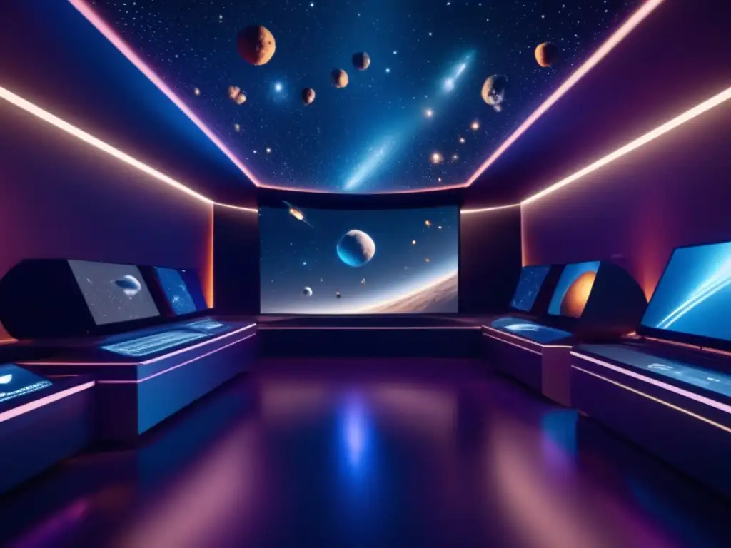 Sala de simulación digital futurista con asteroides Dinámica de asteroides en simulaciones digitales con tecnología avanzada de hologramas