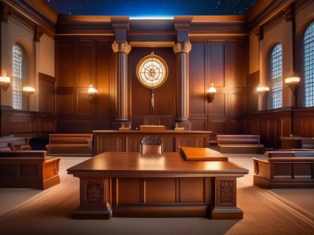 Disputa legal meteorito Chelyabinsk en una sala de justicia impresionante con luz cálida